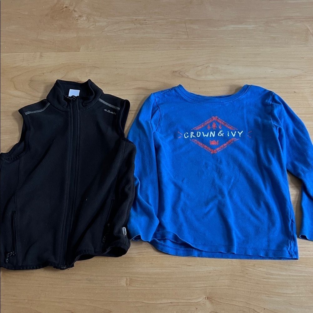 Boys size 6 bundle. Black Quechua vest and Blue Crown and Ivy LS tee